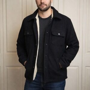 Jachs New York Mens Sherpa Lined Chore Shacket Wool Blend Herringbone Black L